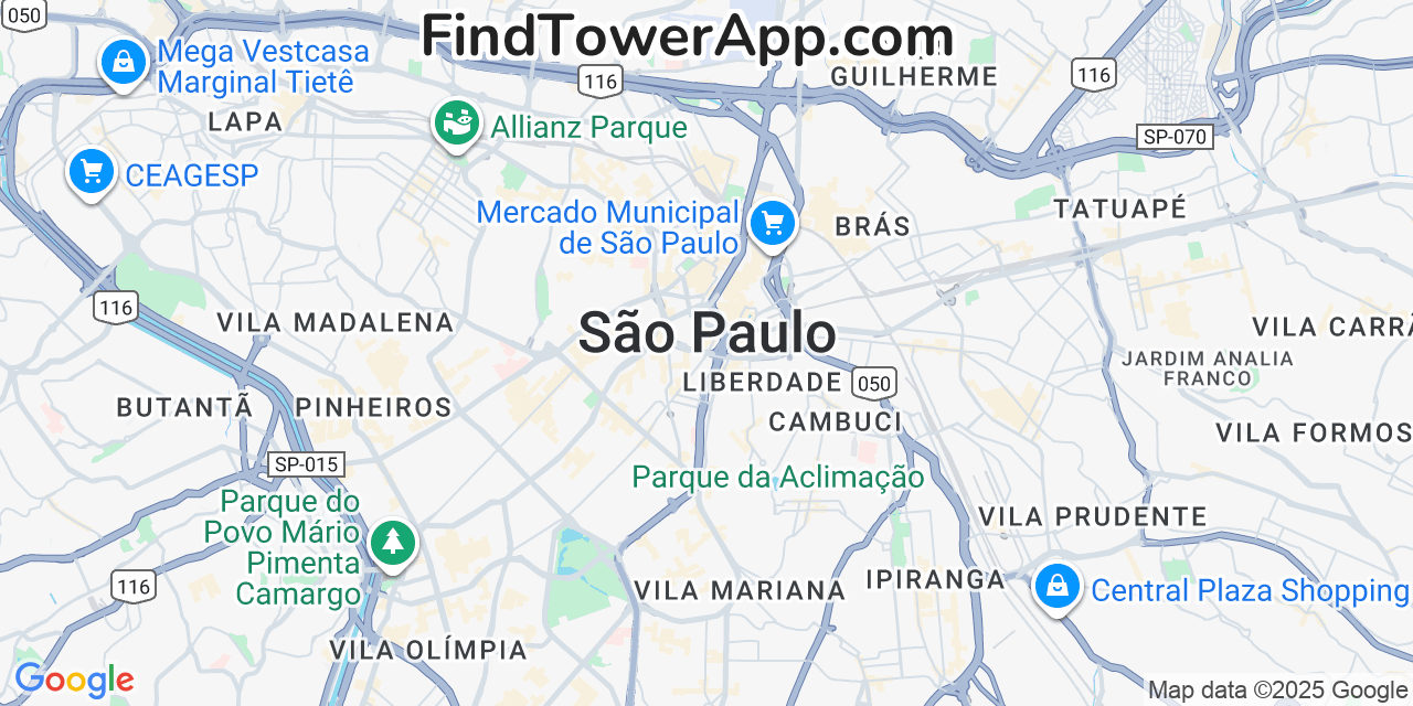 Map showing the 0 primary Vivo cell tower locations detected in São Paulo, Brazil with coverage radius and signal strength indicators