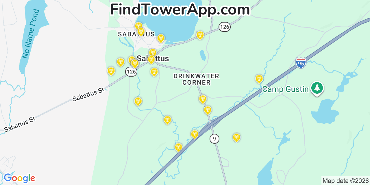 Map showing the 20 primary cell tower locations detected in Sabattus, Maine from AT&T, Verizon, and T-Mobile networks