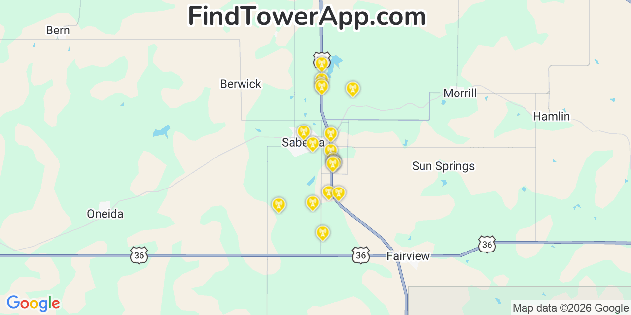Map showing the 20 primary cell tower locations detected in Sabetha, Kansas from AT&T, Verizon, and T-Mobile networks