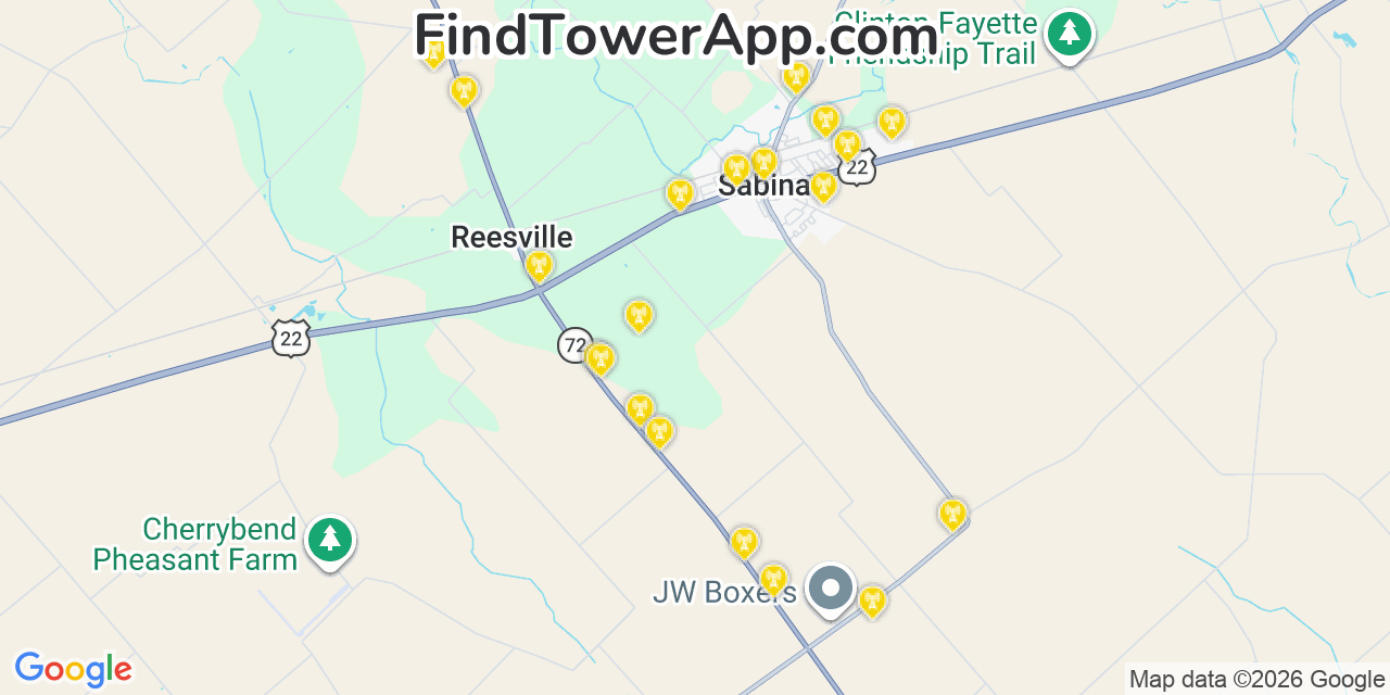 Map showing the 20 primary cell tower locations detected in Sabina, Ohio from AT&T, Verizon, and T-Mobile networks