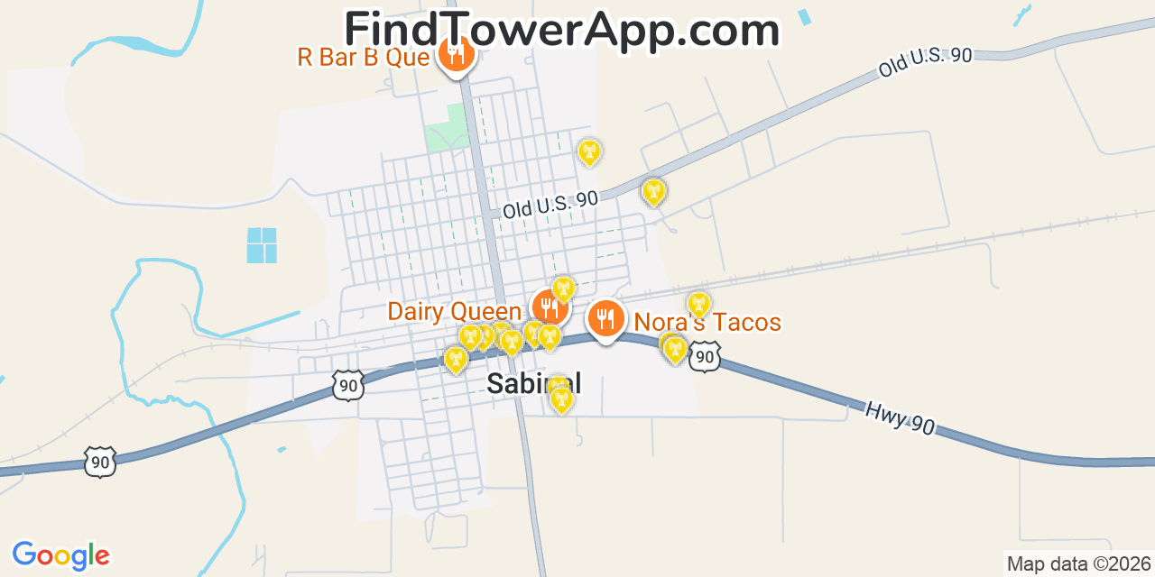 Map showing the 20 primary cell tower locations detected in Sabinal, Texas from AT&T, Verizon, and T-Mobile networks