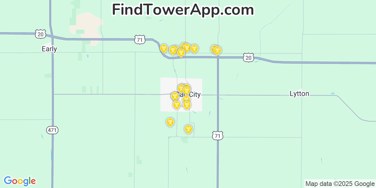 Map showing the 20 primary cell tower locations detected in Sac City, Iowa from AT&T, Verizon, and T-Mobile networks