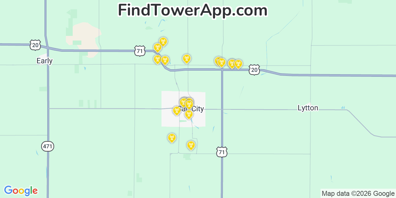 Map showing the 20 primary cell tower locations detected in Sac City, Iowa from AT&T, Verizon, and T-Mobile networks
