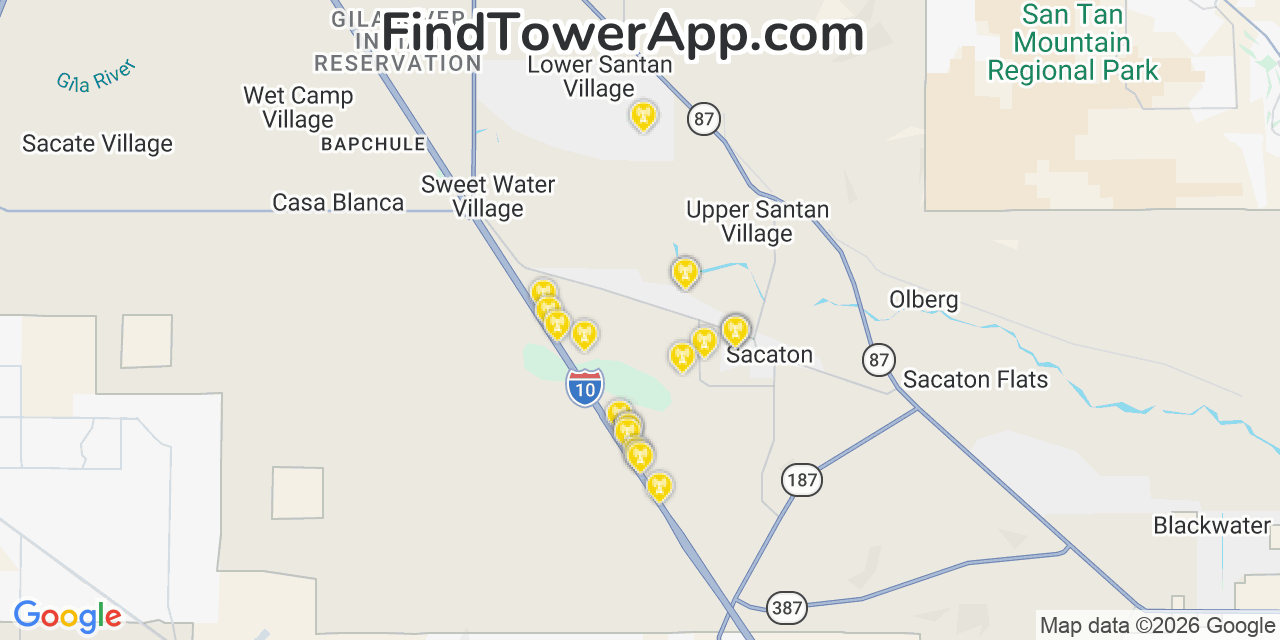 Map showing the 20 primary cell tower locations detected in Sacaton, Arizona from AT&T, Verizon, and T-Mobile networks