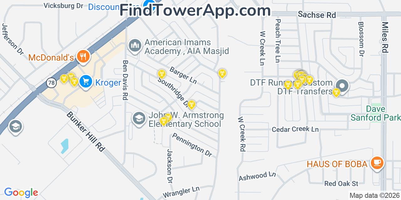 Map showing the 20 primary cell tower locations detected in Sachse, Texas from AT&T, Verizon, and T-Mobile networks