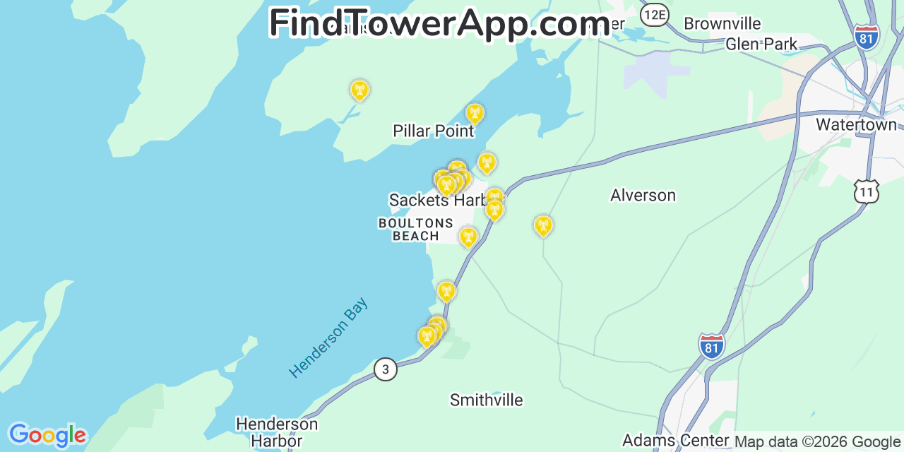 Map showing the 20 primary cell tower locations detected in Sackets Harbor, New York from AT&T, Verizon, and T-Mobile networks