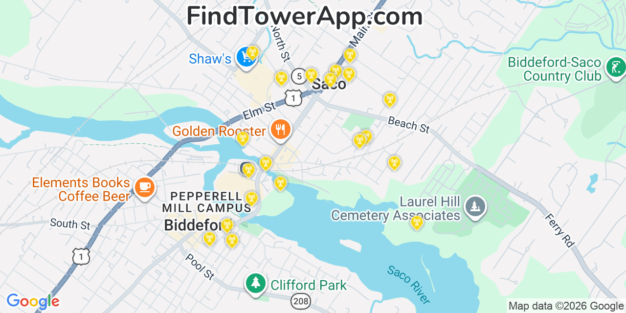 Map showing the 20 primary cell tower locations detected in Saco, Maine from AT&T, Verizon, and T-Mobile networks