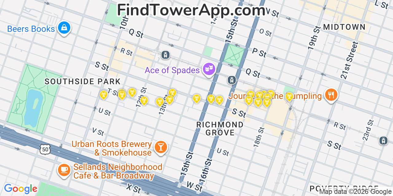 Map showing the 20 primary cell tower locations detected in Sacramento, California from AT&T, Verizon, and T-Mobile networks