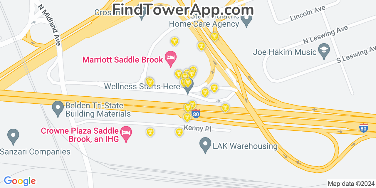 AT&T 4G/5G cell tower coverage map Saddle Brook, New Jersey