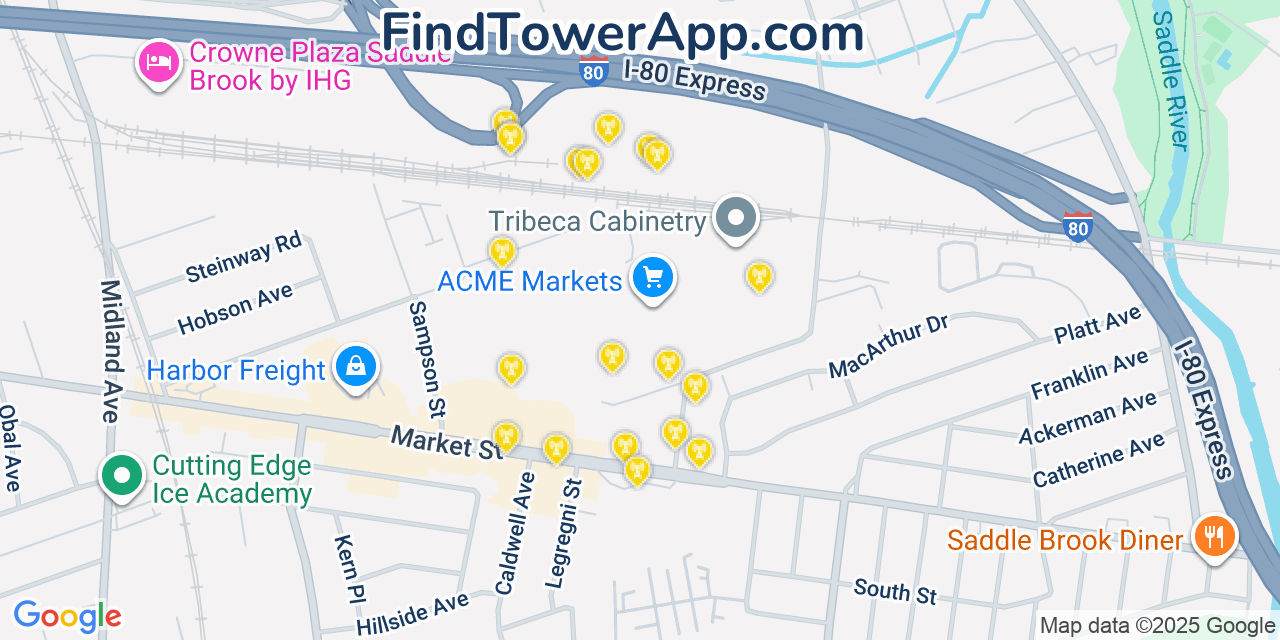 Map showing the 20 primary cell tower locations detected in Saddle Brook, New Jersey from AT&T, Verizon, and T-Mobile networks