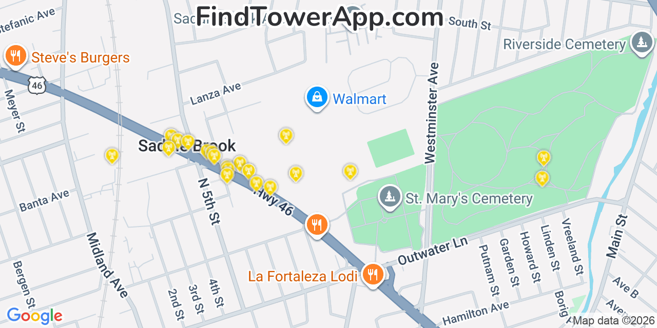 Map showing the 20 primary cell tower locations detected in Saddle Brook, New Jersey from AT&T, Verizon, and T-Mobile networks