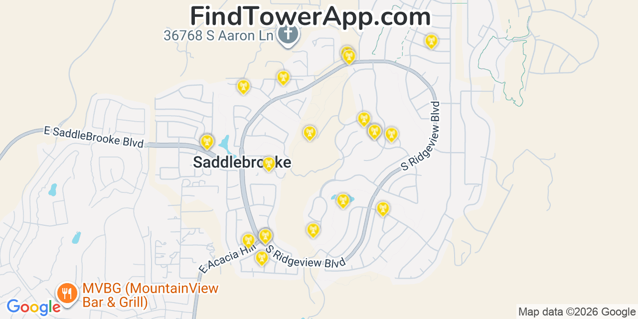 Map showing the 20 primary cell tower locations detected in Saddle Brooke, Arizona from AT&T, Verizon, and T-Mobile networks