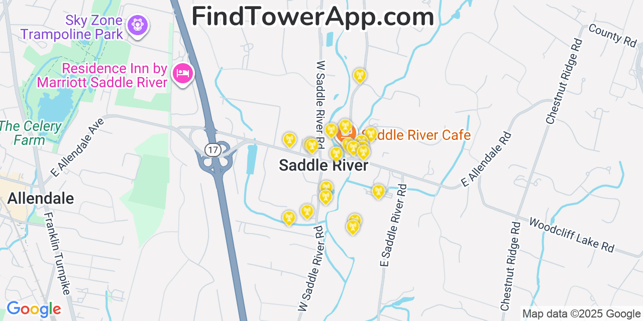 Map showing the 20 primary cell tower locations detected in Saddle River, New Jersey from AT&T, Verizon, and T-Mobile networks