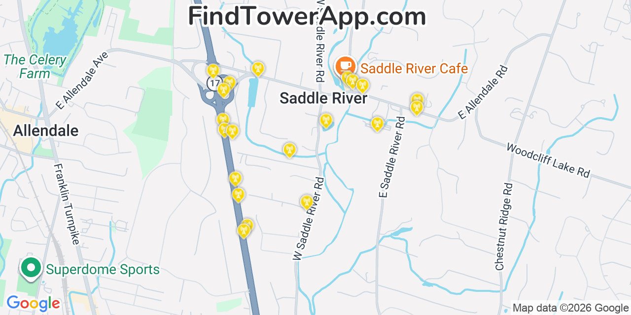 Map showing the 20 primary cell tower locations detected in Saddle River, New Jersey from AT&T, Verizon, and T-Mobile networks