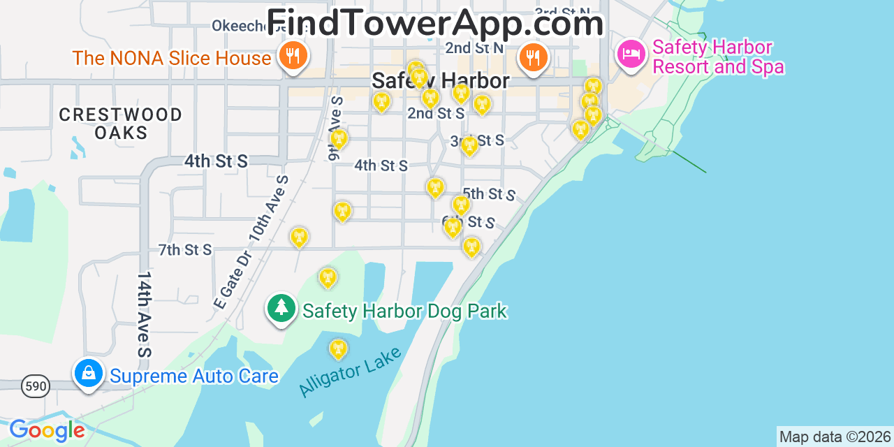 Map showing the 20 primary cell tower locations detected in Safety Harbor, Florida from AT&T, Verizon, and T-Mobile networks