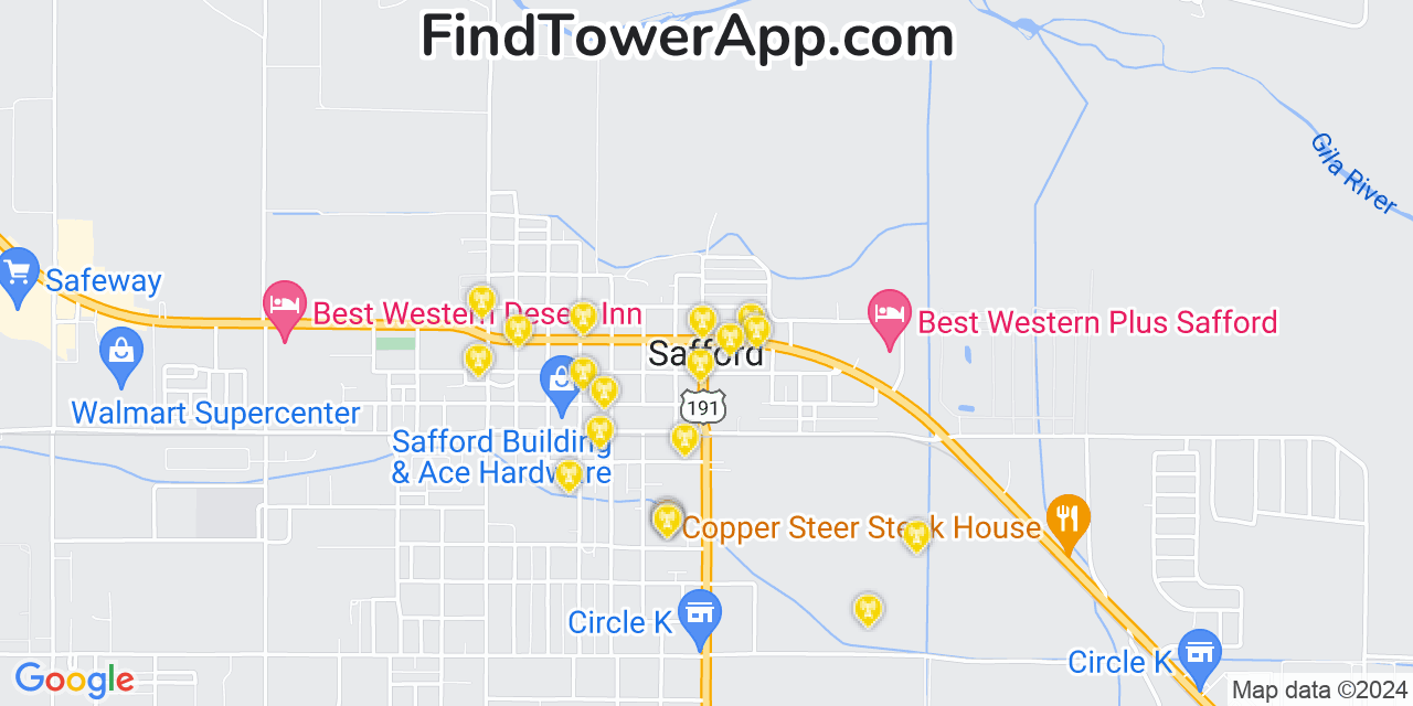 AT&T 4G/5G cell tower coverage map Safford, Arizona