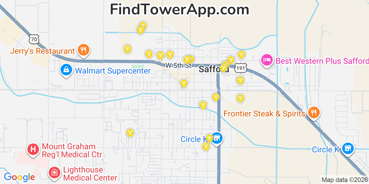 Map showing the 20 primary cell tower locations detected in Safford, Arizona from AT&T, Verizon, and T-Mobile networks