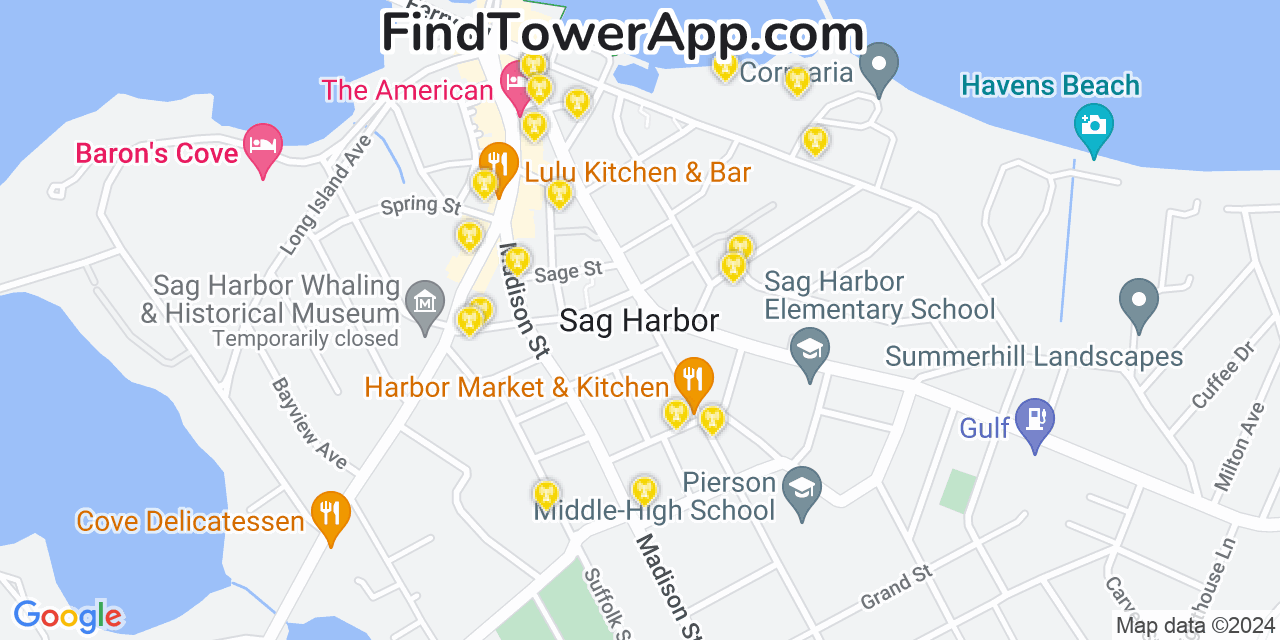 AT&T 4G/5G cell tower coverage map Sag Harbor, New York