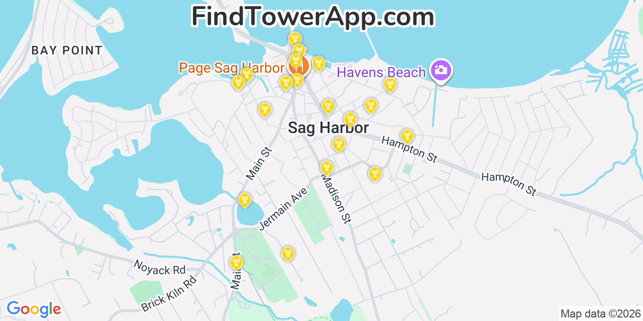 Map showing the 20 primary cell tower locations detected in Sag Harbor, New York from AT&T, Verizon, and T-Mobile networks