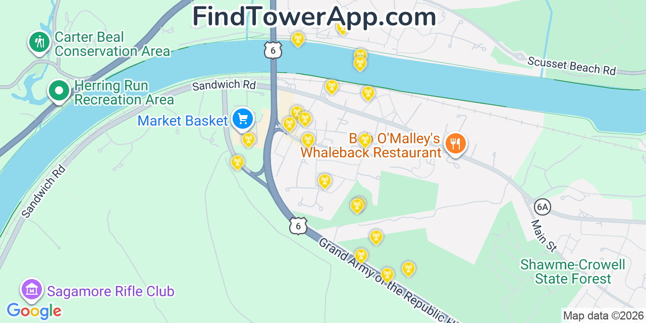 Map showing the 20 primary cell tower locations detected in Sagamore, Massachusetts from AT&T, Verizon, and T-Mobile networks