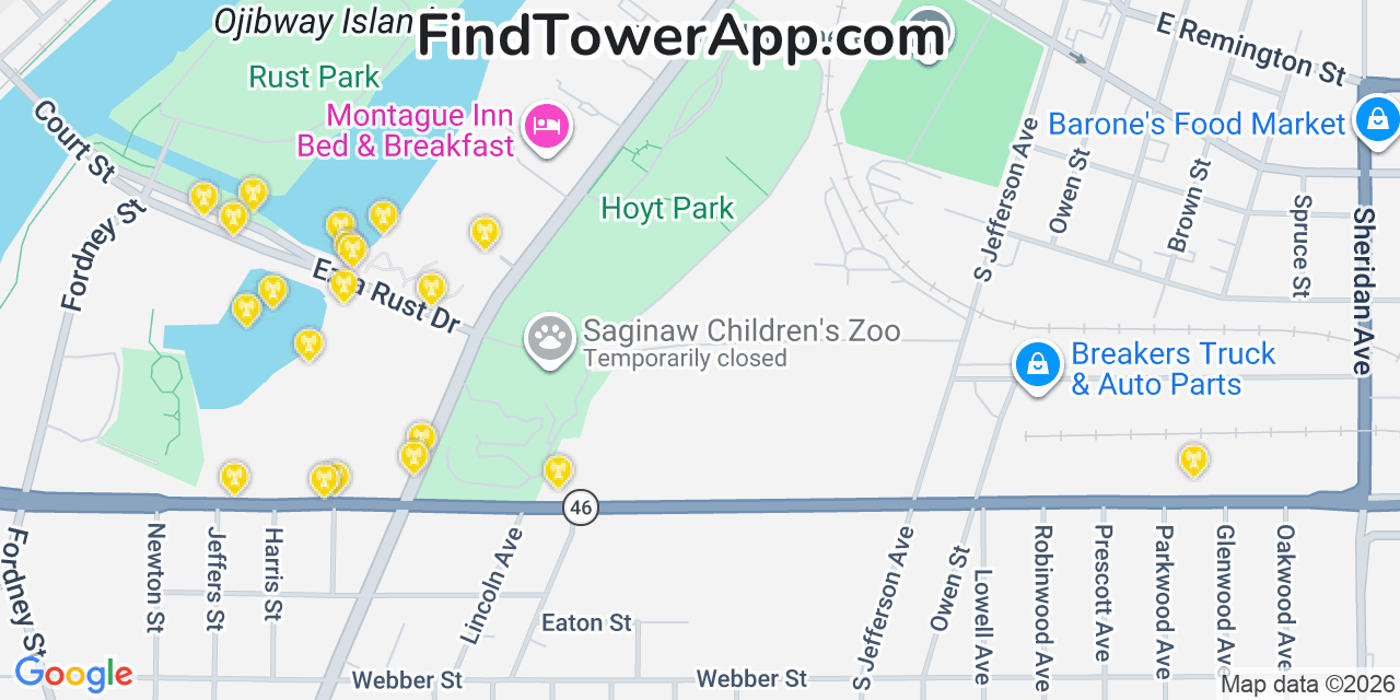 Map showing the 20 primary cell tower locations detected in Saginaw, Michigan from AT&T, Verizon, and T-Mobile networks
