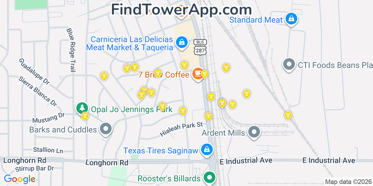 Map showing the 20 primary cell tower locations detected in Saginaw, Texas from AT&T, Verizon, and T-Mobile networks
