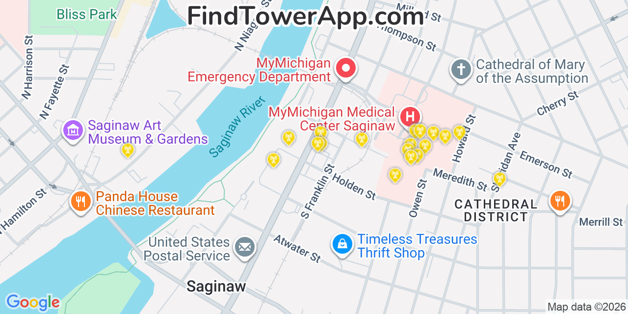 Map showing the 20 primary cell tower locations detected in Saginaw Township North, Michigan from AT&T, Verizon, and T-Mobile networks