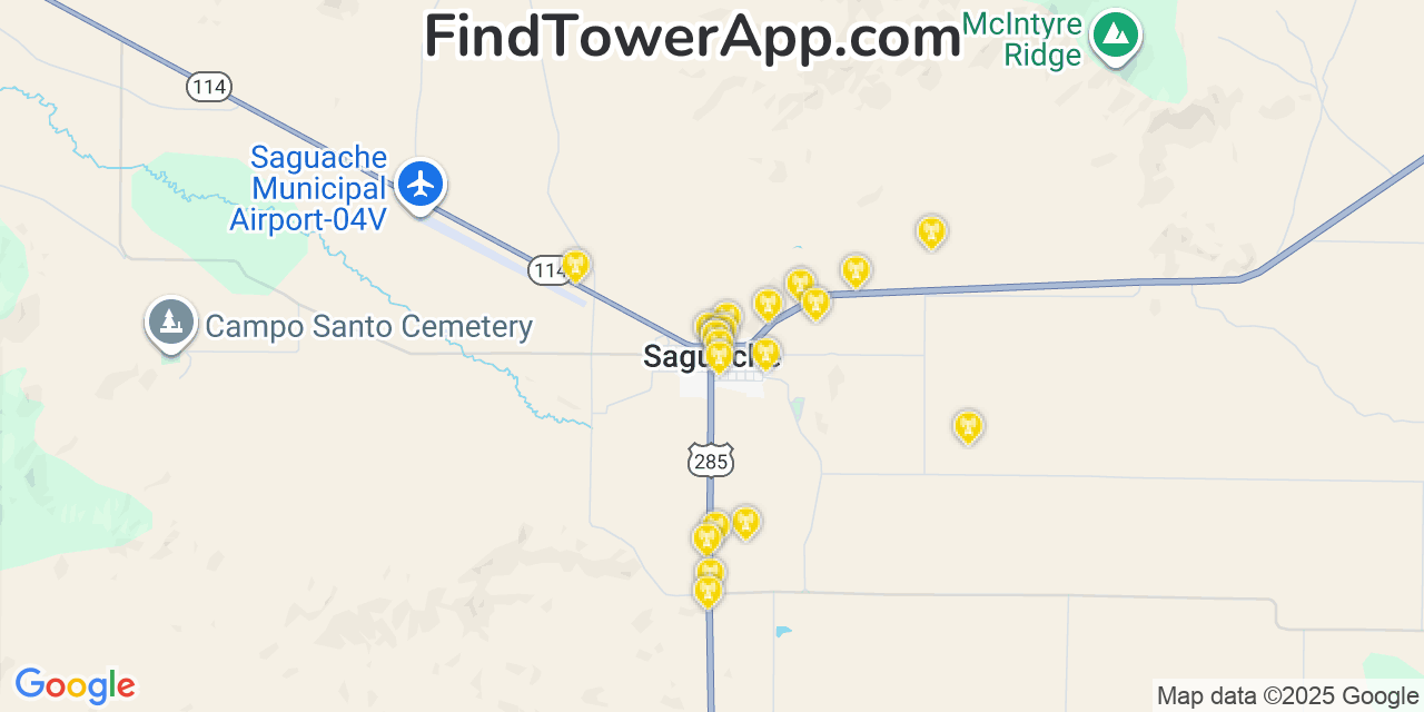 Map showing the 20 primary cell tower locations detected in Saguache, Colorado from AT&T, Verizon, and T-Mobile networks