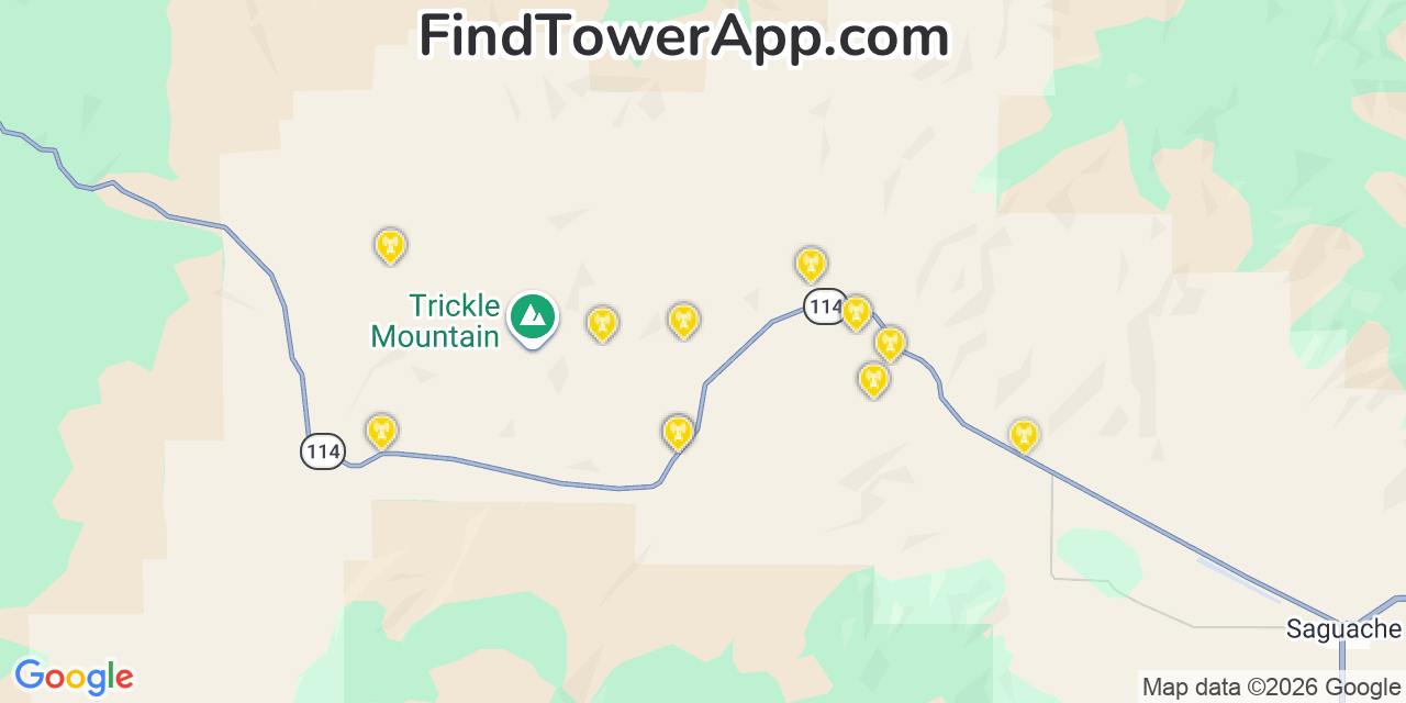 Map showing the 20 primary cell tower locations detected in Saguache, Colorado from AT&T, Verizon, and T-Mobile networks