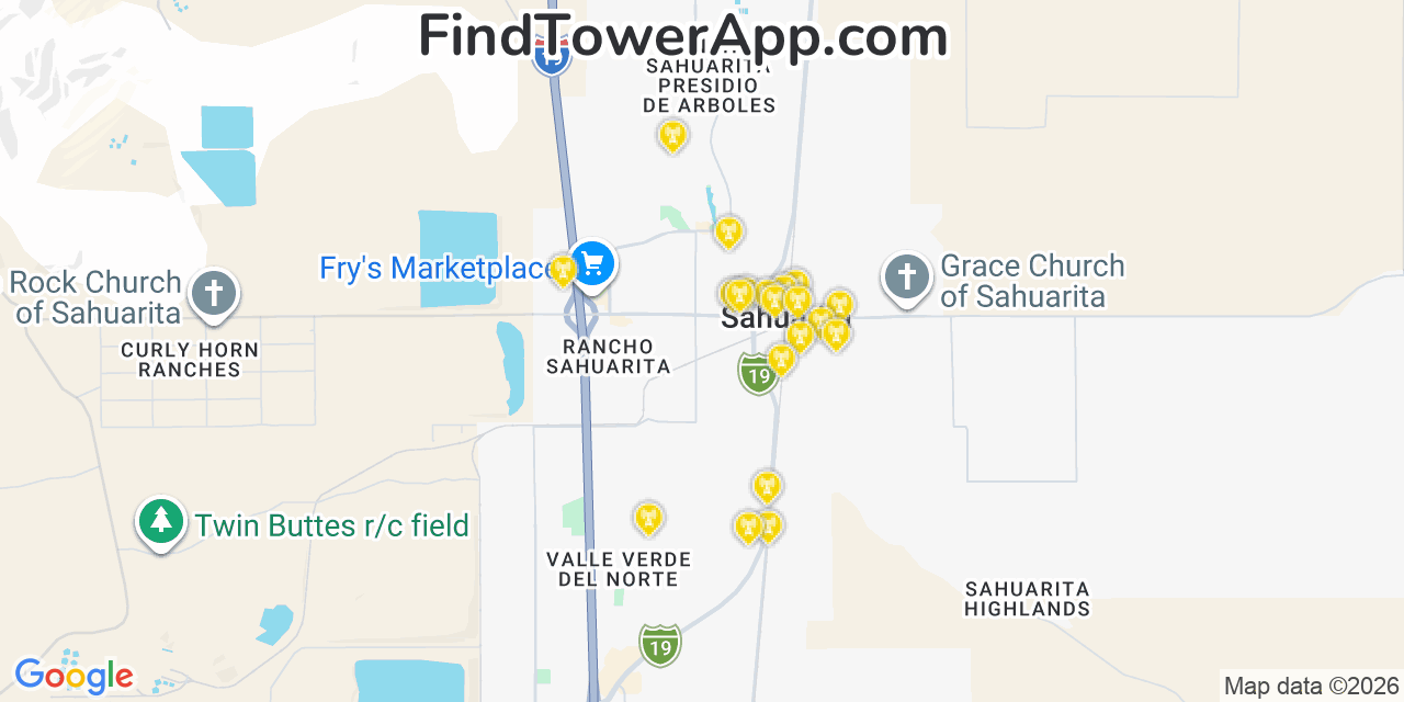 Map showing the 20 primary cell tower locations detected in Sahuarita, Arizona from AT&T, Verizon, and T-Mobile networks