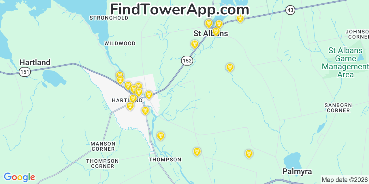 Map showing the 20 primary cell tower locations detected in Saint Albans, Maine from AT&T, Verizon, and T-Mobile networks