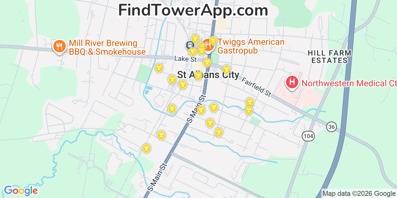 Map showing the 20 primary cell tower locations detected in Saint Albans, Vermont from AT&T, Verizon, and T-Mobile networks