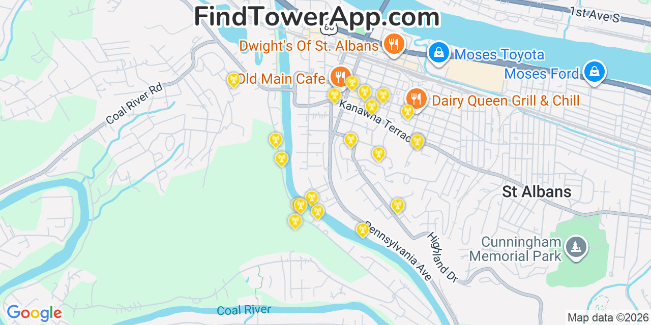 Map showing the 20 primary cell tower locations detected in Saint Albans, West Virginia from AT&T, Verizon, and T-Mobile networks