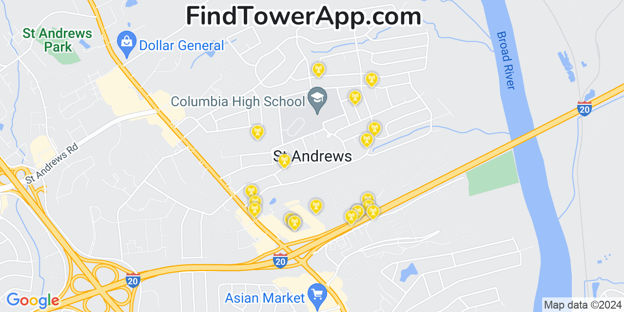 AT&T 4G/5G cell tower coverage map Saint Andrews, South Carolina