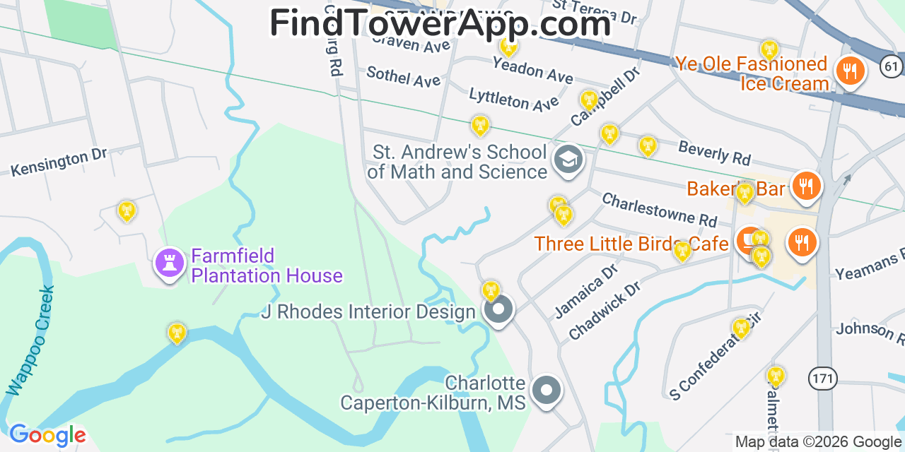Map showing the 20 primary cell tower locations detected in Saint Andrews, South Carolina from AT&T, Verizon, and T-Mobile networks