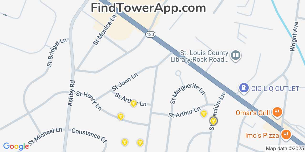 Map showing the 20 primary cell tower locations detected in Saint Ann, Missouri from AT&T, Verizon, and T-Mobile networks
