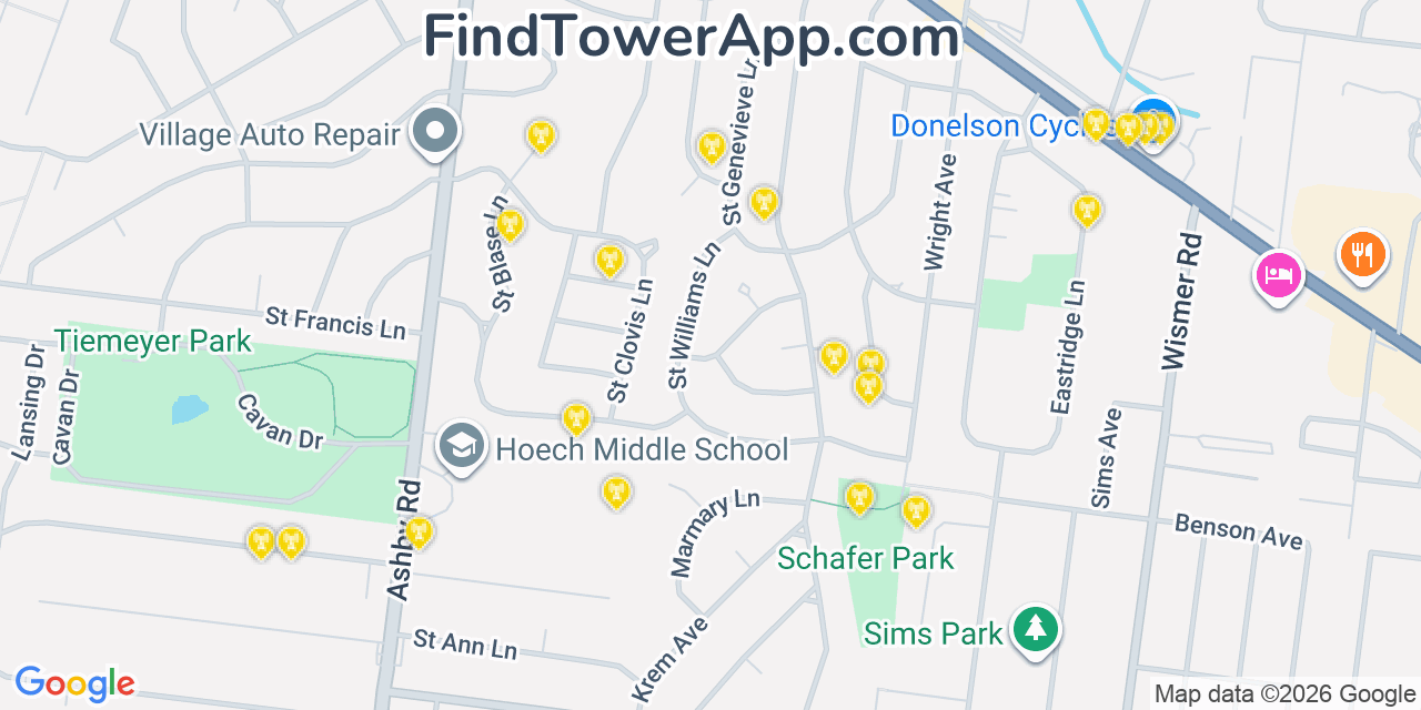 Map showing the 20 primary cell tower locations detected in Saint Ann, Missouri from AT&T, Verizon, and T-Mobile networks