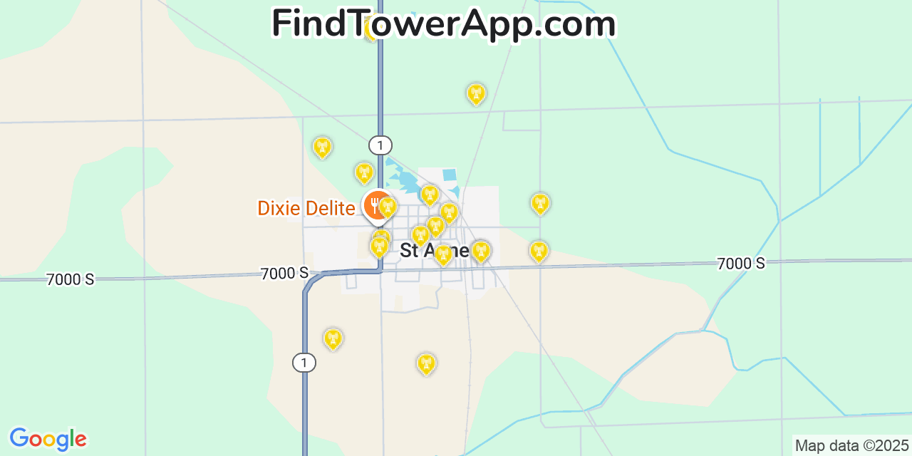 Map showing the 20 primary cell tower locations detected in Saint Anne, Illinois from AT&T, Verizon, and T-Mobile networks