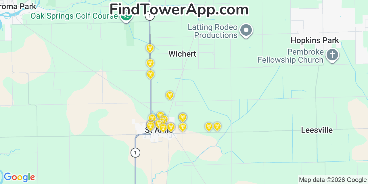 Map showing the 20 primary cell tower locations detected in Saint Anne, Illinois from AT&T, Verizon, and T-Mobile networks
