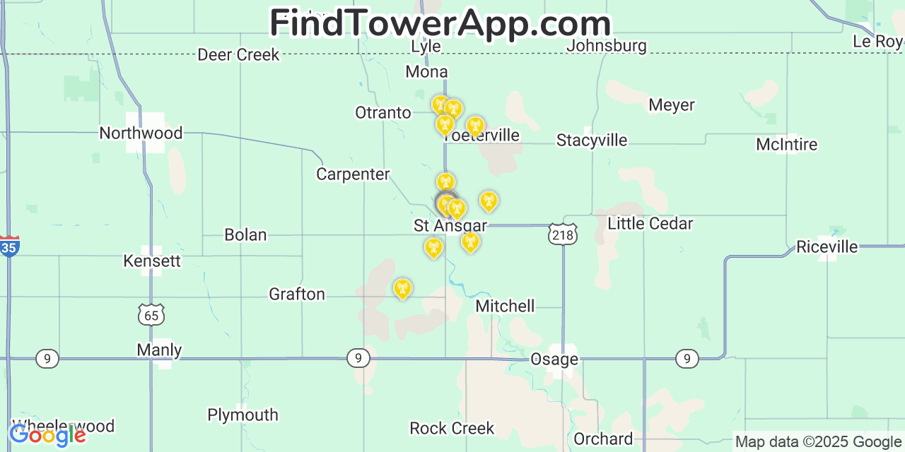 Map showing the 20 primary cell tower locations detected in Saint Ansgar, Iowa from AT&T, Verizon, and T-Mobile networks