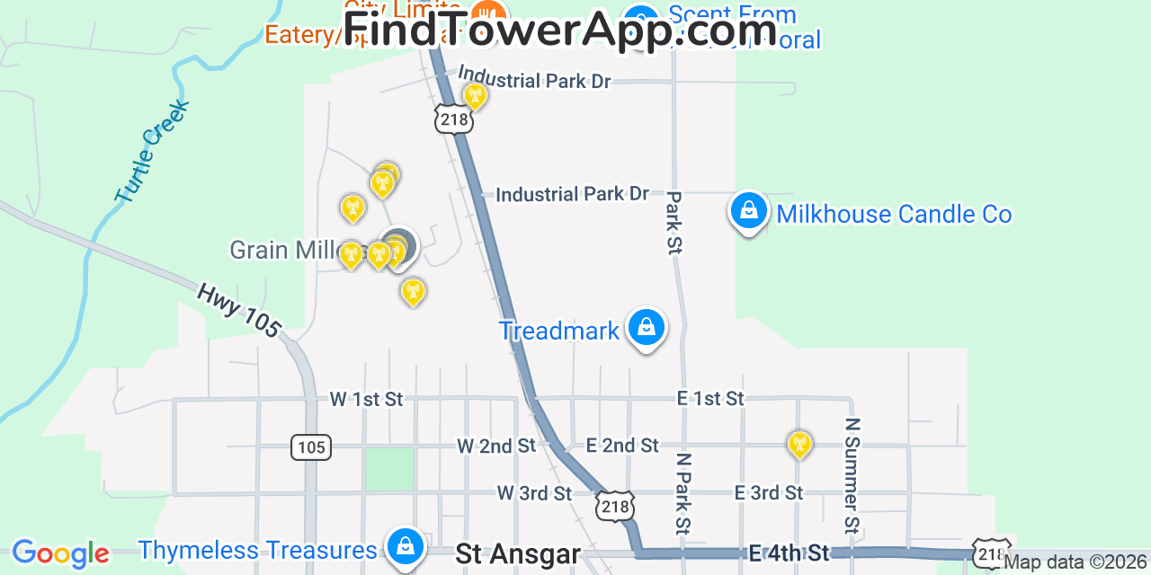 Map showing the 20 primary cell tower locations detected in Saint Ansgar, Iowa from AT&T, Verizon, and T-Mobile networks