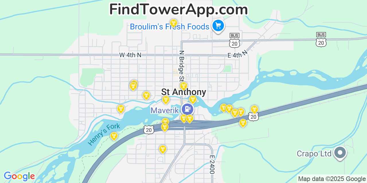 Map showing the 20 primary cell tower locations detected in Saint Anthony, Idaho from AT&T, Verizon, and T-Mobile networks