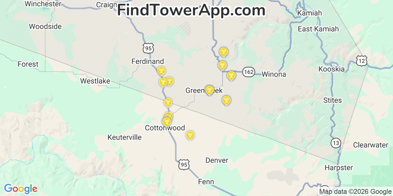 Map showing the 20 primary cell tower locations detected in Saint Anthony, Idaho from AT&T, Verizon, and T-Mobile networks