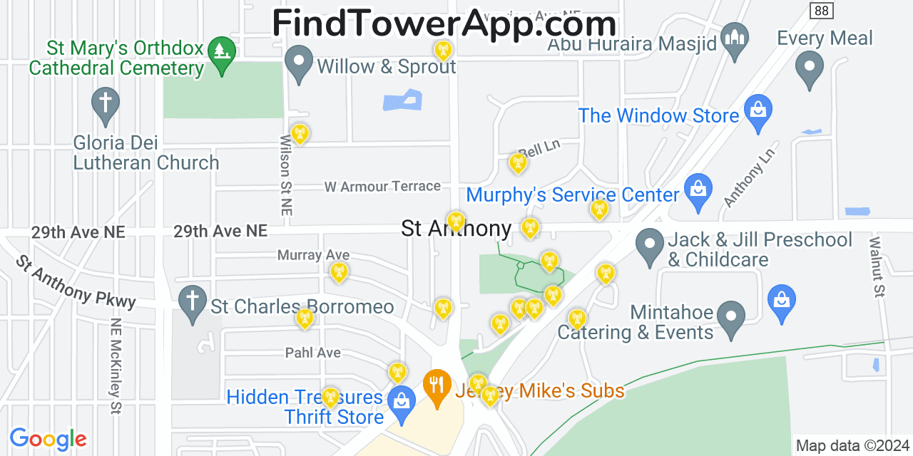 AT&T 4G/5G cell tower coverage map Saint Anthony, Minnesota