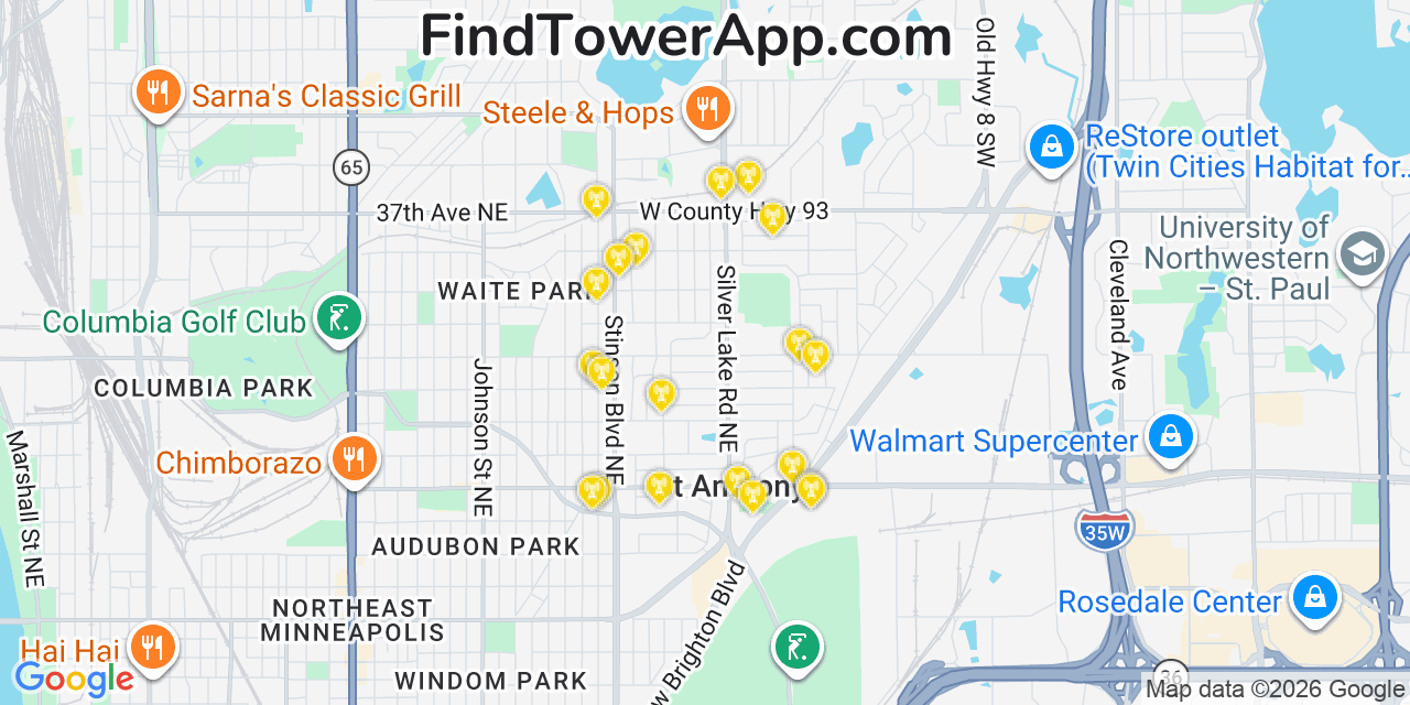 Map showing the 20 primary cell tower locations detected in Saint Anthony, Minnesota from AT&T, Verizon, and T-Mobile networks