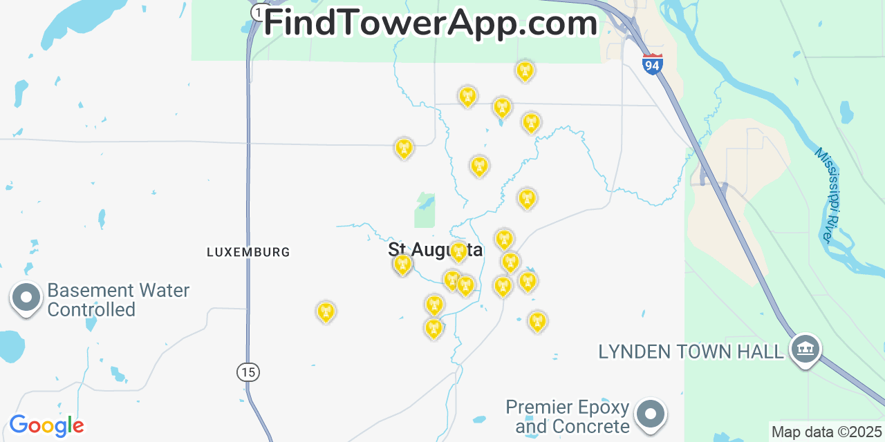 Map showing the 20 primary cell tower locations detected in Saint Augusta, Minnesota from AT&T, Verizon, and T-Mobile networks