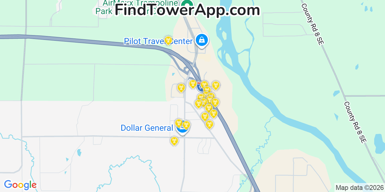Map showing the 20 primary cell tower locations detected in Saint Augusta, Minnesota from AT&T, Verizon, and T-Mobile networks