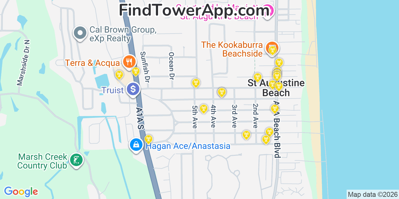 Map showing the 20 primary cell tower locations detected in Saint Augustine Beach, Florida from AT&T, Verizon, and T-Mobile networks