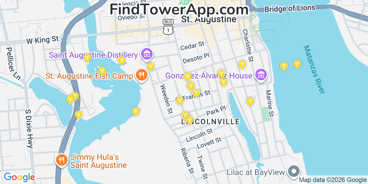 Map showing the 20 primary cell tower locations detected in Saint Augustine, Florida from AT&T, Verizon, and T-Mobile networks