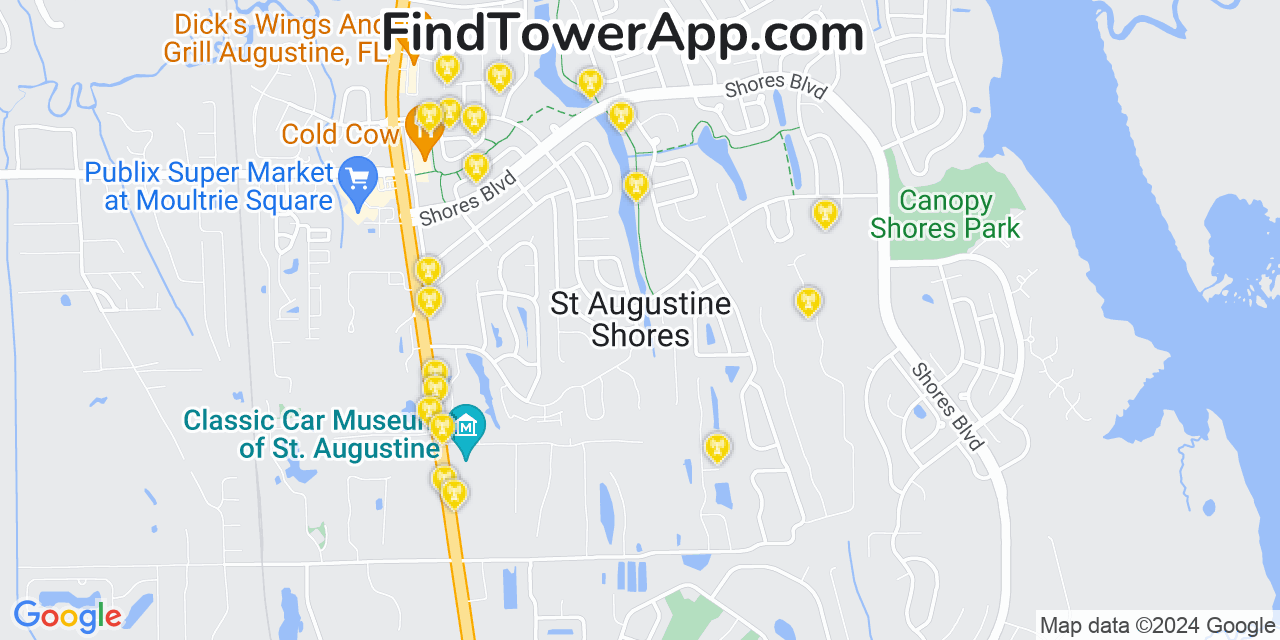 AT&T 4G/5G cell tower coverage map Saint Augustine Shores, Florida